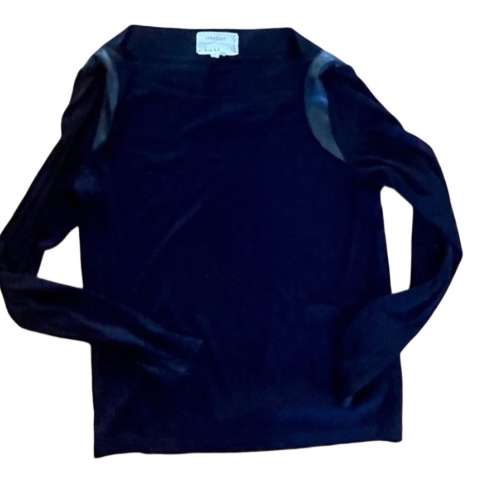 Nicole Miller Atelier size Medium long Sleeve Black Leather-Trim Shirt